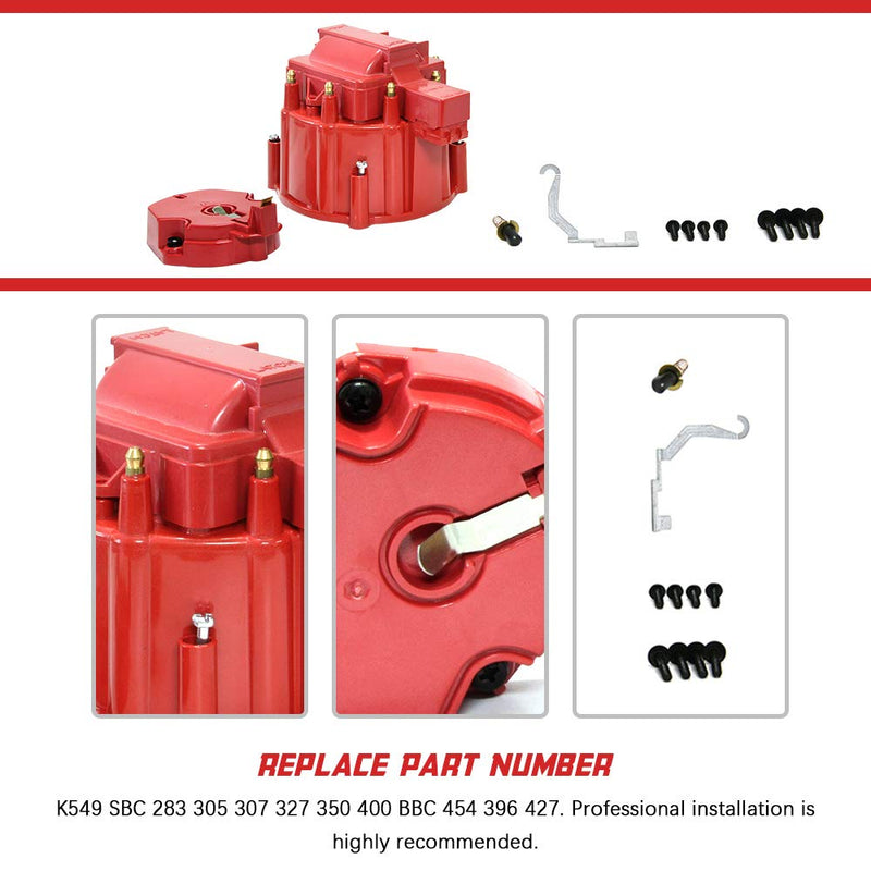 Red Male HEI Distributor Cap and Rotor for K549 SBC 283 305 307 327 350 400 BBC 454 396 427 Distributor Cap Assembly