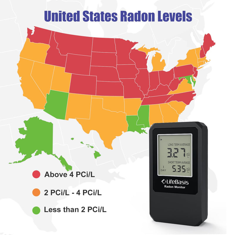 LifeBasis Radon Detector, Radon Test for Home with Long and Short Term Radon Meter, Home Radon Gas Monitor US Version-pCi/L (Update Version, Matte Black)