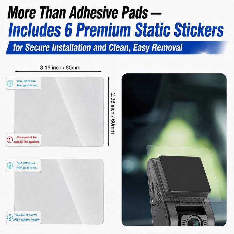 6-Pack Adhesive Pads + 6 Static Stickers Compatible with VIOFO A129 / A129 Duo / A129 Pro / A129 Plus / A129 Duo Plus Dash Cams – Front & Rear Mount Set, High-Bond Black Acrylic Foam Tape