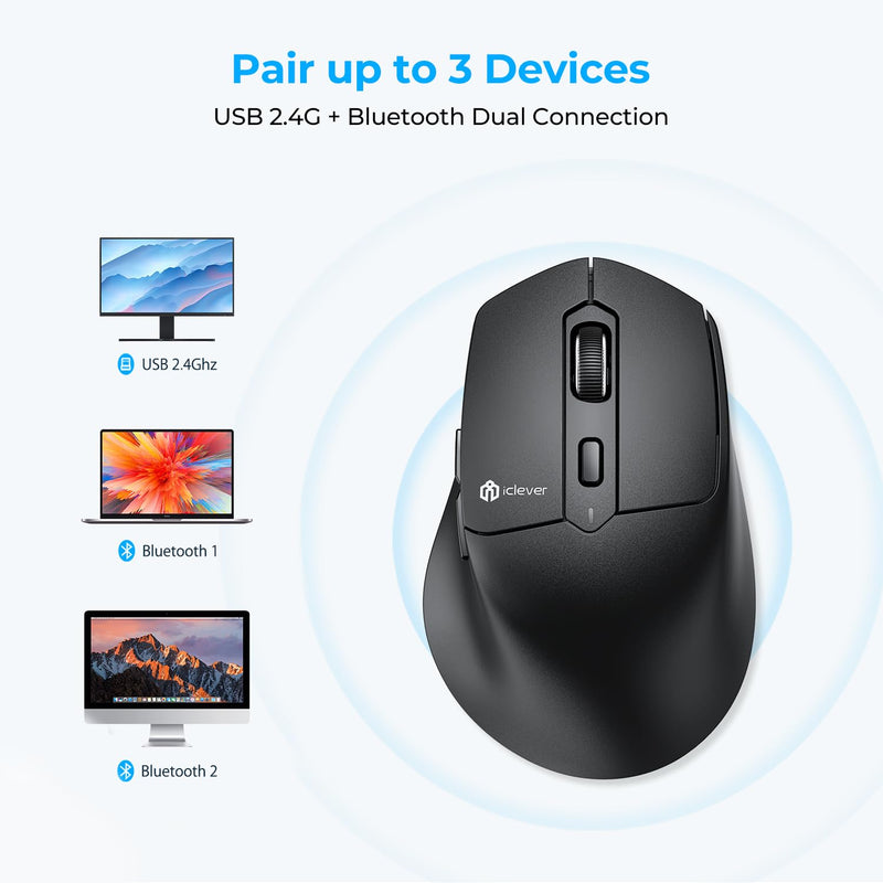 iClever Bluetooth Mouse, MD360 Wireless Ergonomic Mouse with Mouse Jiggle, Rechargeable Computer Mouse for Multi Devices(BT+2.4Ghz Connection), 4 Adjustable DPI for Laptop, iPad, Mac, PC