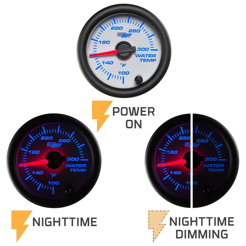 GlowShift White 7 Color 300 F Water Coolant Temperature Gauge Kit - Includes Electronic Sensor - White Dial - Clear Lens - for Car & Truck - 2-1/16" 52mm