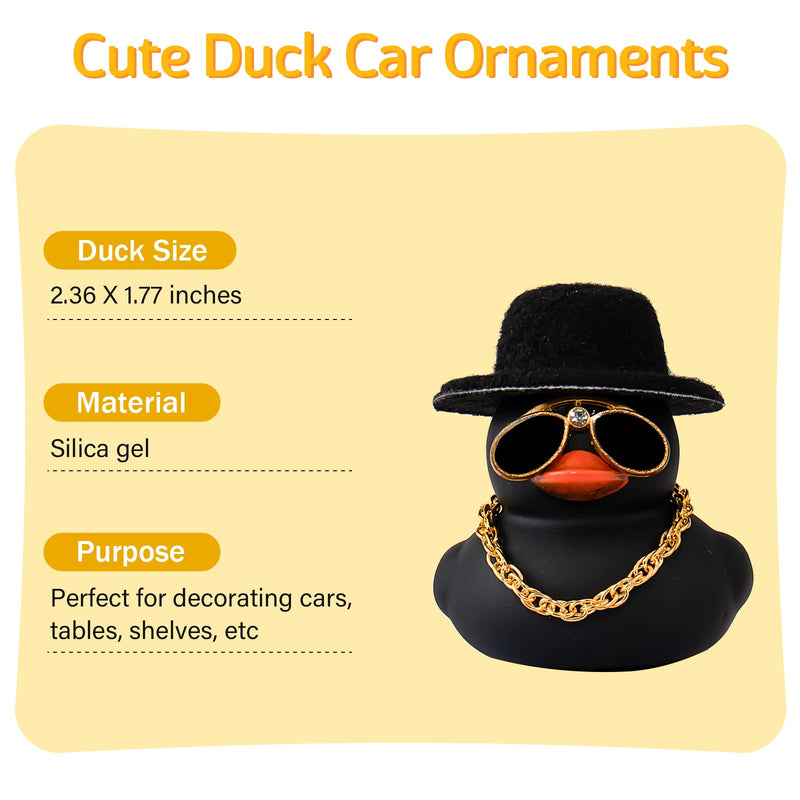 wonuu Car Dashboard Rubber Duck Ornament, Car Decoration Colour Ducks Accessories with Mini Hat Necklace and Sunglasses, M-Black-Top Hat