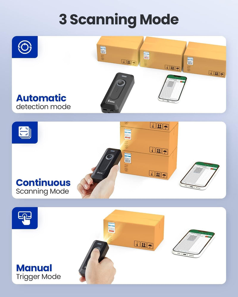 Eyoyo 2D Bluetooth Barcode Scanner Wireless with Clip, 2000mAh Battery with Level Indicator, Portable Mini QR Bar Code Reader for Library Book Inventory Compatible with iPhone, iPad, Android Phone Black