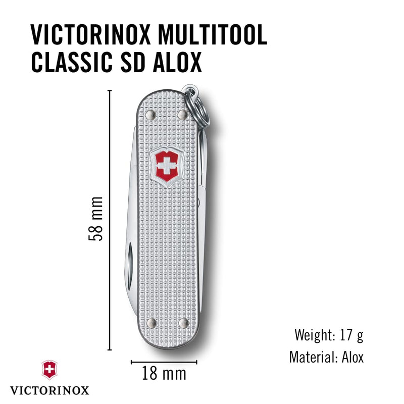 Victorinox Swiss Army Classic Pocket Knife (Silver Alox) | Swiss-made pocket knife, 5 functions, silver Alox scales, keychain carry, everyday tasks, compact EDC Classic SD Alox