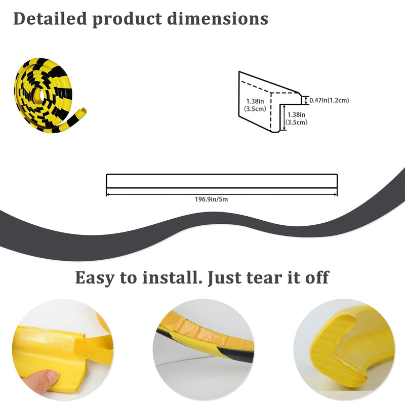  [AUSTRALIA] - Wall Corner Protector 196.9in (5m), Heavy Duty Yellow & Black NBR Rubber Corner Guards, Self Adhesive Safety Bumper Padding for Warehouse Racks, Shelves, Garage & Equipment Protection L-Shaped