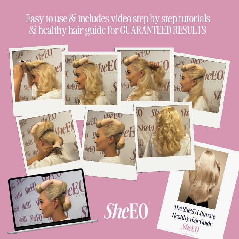 SheEO 6 Piece heatless Hair Curler Set, 3 heatless Curling rods, 1 Silk Bonnet, 1 Hair Clips, Wide Tooth Comb. Includes tutorials from Leading Stylist to Create Overnight Curls with Velvet Rollers Heatless Curling Set