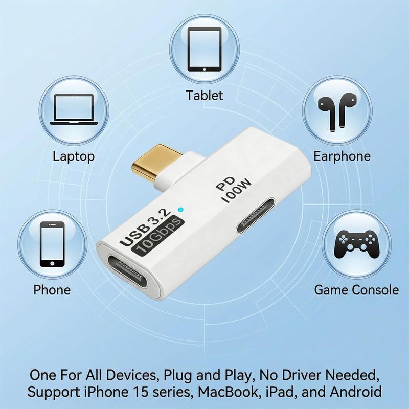 USB C Splitter 2 in 1 Adapter, 100W PD Fast Charging & 10Gbps Data Transfer | USB C OTG Adapter, USB C Male to Dual Female Extender for iPhone 15 Pro Max, Steam Deck, MacBook, iPad, Galaxy S24