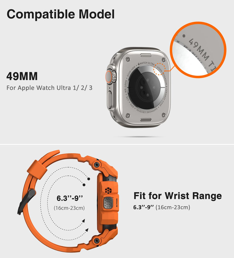 ULTIMAL Rugged Case with Band for Apple Watch 49mm,Compatible with Apple Watch Ultra 3/2/1, Military Grade Shockproof Bumper Cover for iWatch Tactical Band Men (49mm,Orange) Orange
