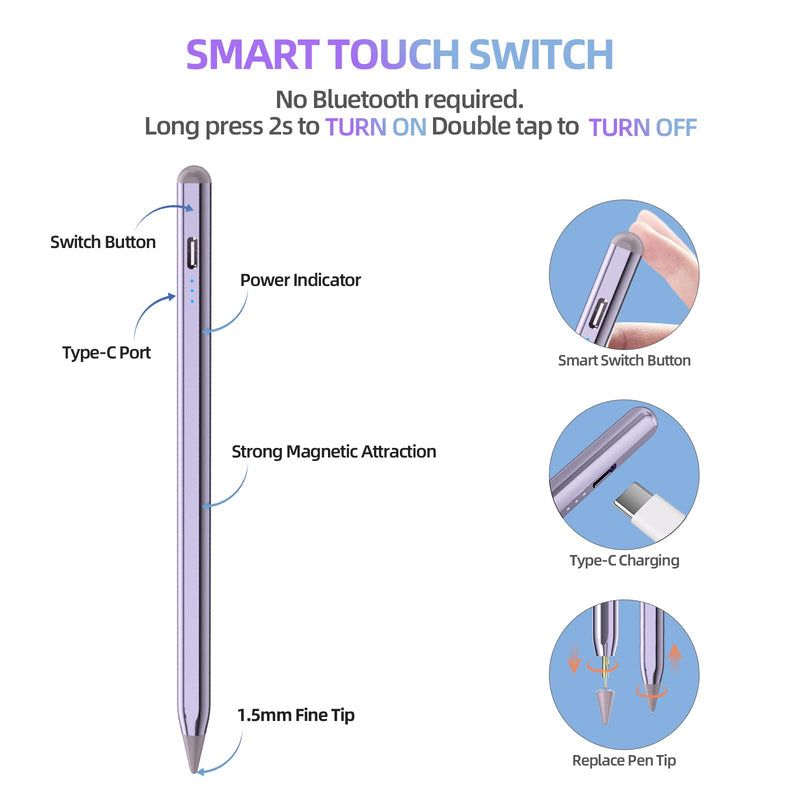  [AUSTRALIA] - Stylus Pen for iPad, Apple Pencil for iPad 10th 9th Gen, Apple Pen iPad Pencil for iPad Air 5/4/3rd, iPad Pro 11/12.9 Inch, with Palm Rejection & Tilt Sensitivity, Magnetic Stylus iPad Pen, Purple