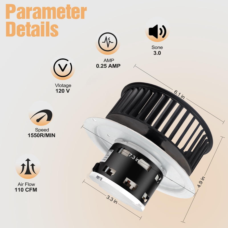 Compatible with Nutone QT-110N-B, QT-80-N-B, QT-90N-B,QT-9093, QT-100L, QT110N，QT80,Bathroom Fan Motor,110CFM,3.0Sones Bathroom Fan Motor & Blower Wheel,Replace for Motor Number S0695B000, S0696B000