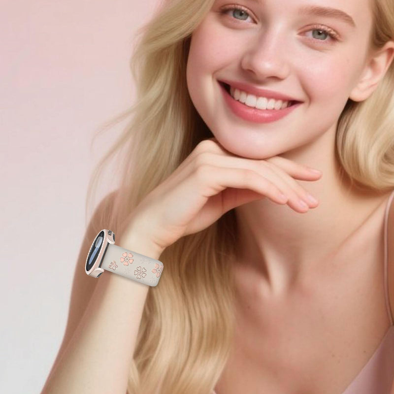 2-in-1Floral Engraved Band Rhinestone Bezel Case for Samsung Galaxy Watch 7 | Flower Soft Silicone Watch Strap Sparkly Diamond Bumper PC Protective Cover for Women Waterproof Sport Replacement Wristband Starlight Case + Starlight&Pink Band
