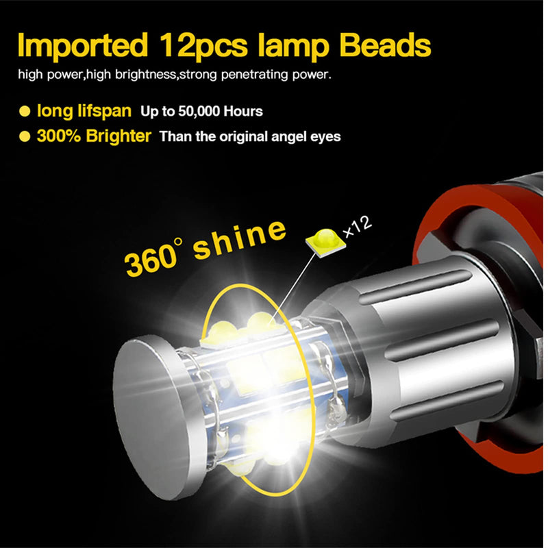 H8 LED Angel Eyes Halo Bulb Light Compatible for BMW E90 E92 E70 E71 E82 E89 M6 1 3 5 Series X5 X6 Z4, 6000K Xenon 120W White Lamps Marker Lights H8-12SMD
