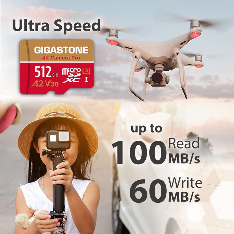 [5-Yrs Free Data Recovery] Gigastone 512GB Micro SD Card, 4K Camera Pro, A2 V30 for Smartphone, Gopro, Action Cams, 4K UHD Video, For Nintendo-Switch, Up to 100MB/s, UHS-I U3 C10 Class 10 with Adapter 512GB 4K Camera Pro 1-Pack