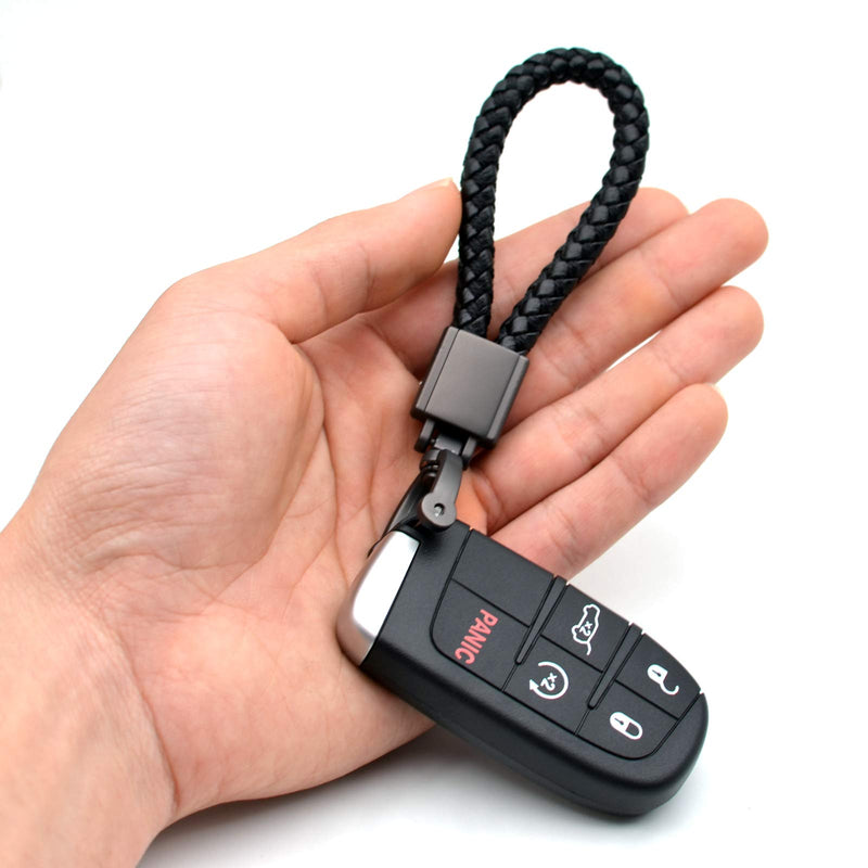 FEYOUN Universal Black Leather Car Fob Keychain Metal Keyring Woven Strap Braided Rope Key Chain for Men and Women - Matte Black Color, with 360 Degree Rotatable D-ring and Screwdriver Black and Matte Black
