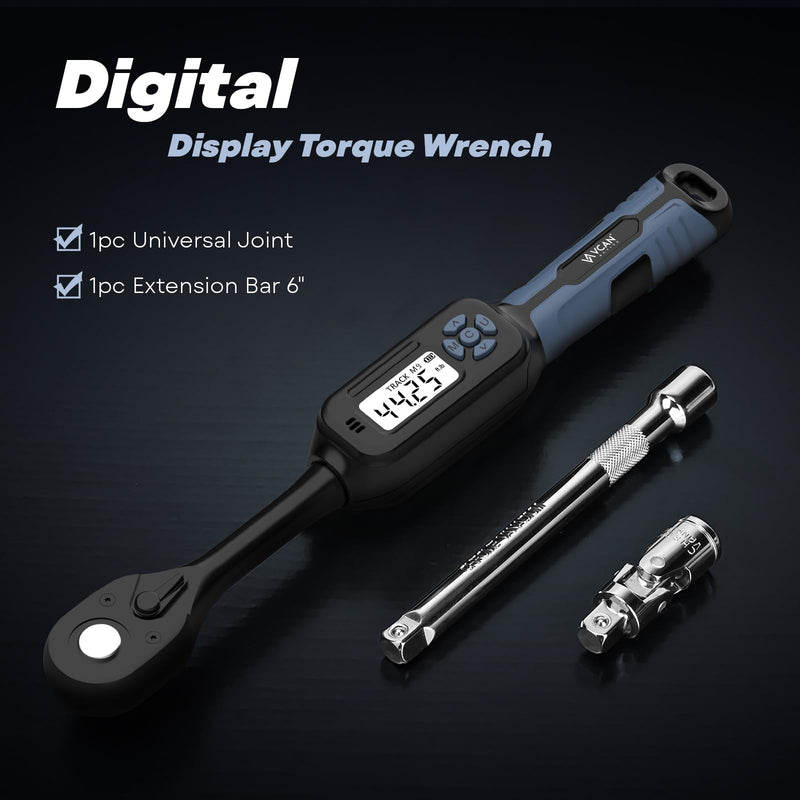 3/8 Torque Wrench Digital (2.21-44.25 Ft. Lb) ±2% High accuracy Digital Torque Wrench 3/8 Drive Ratchet with Buzzer&LED Indicator Track Mode/Universal Joint&6" Xtension Bar for Bike Moto Auto