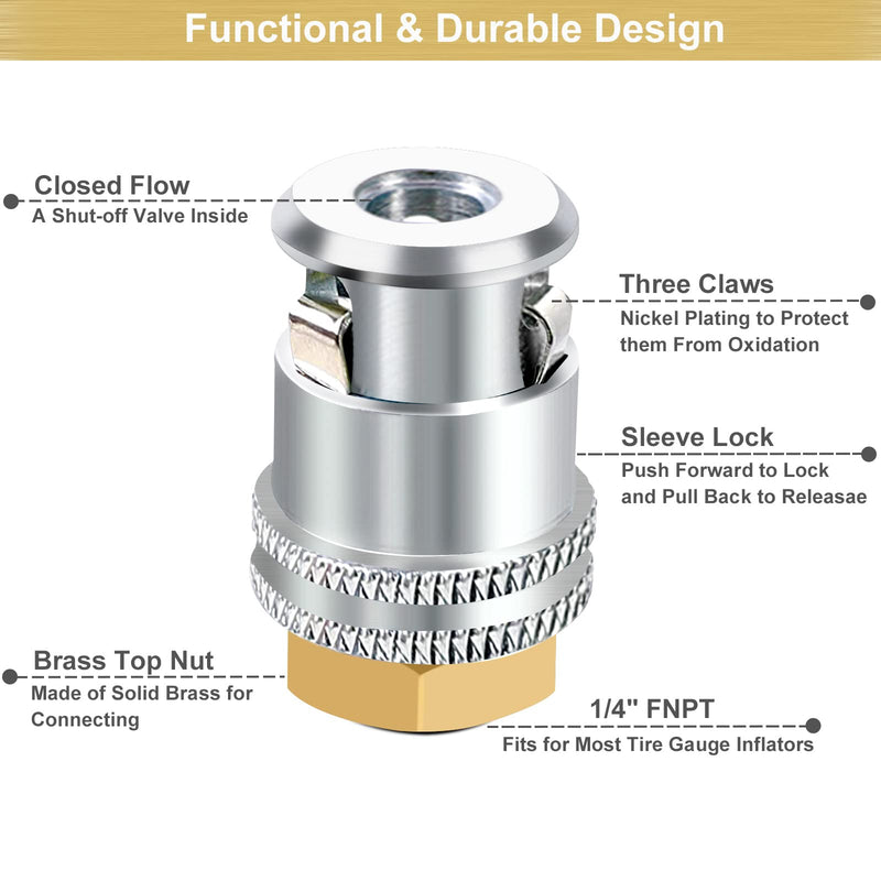 GODESON Lock On Air Chuck,1/4FNPT Closed Flow Brass Tire Chuck,Tire Air Chuck for Tire Inflator Gauge and Air Compressor(Pack of 2) Push