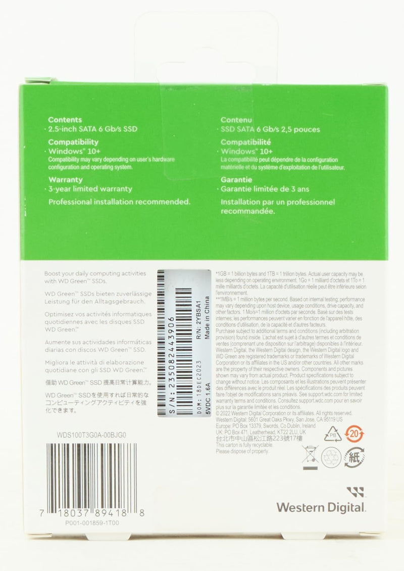 Western Digital 1TB WD Green Internal SSD Solid State Drive - SATA III 6 Gb/s, 2.5/7mm, Up to 545 MB/s - WDS100T3G0A 2.5"/7mm SSD