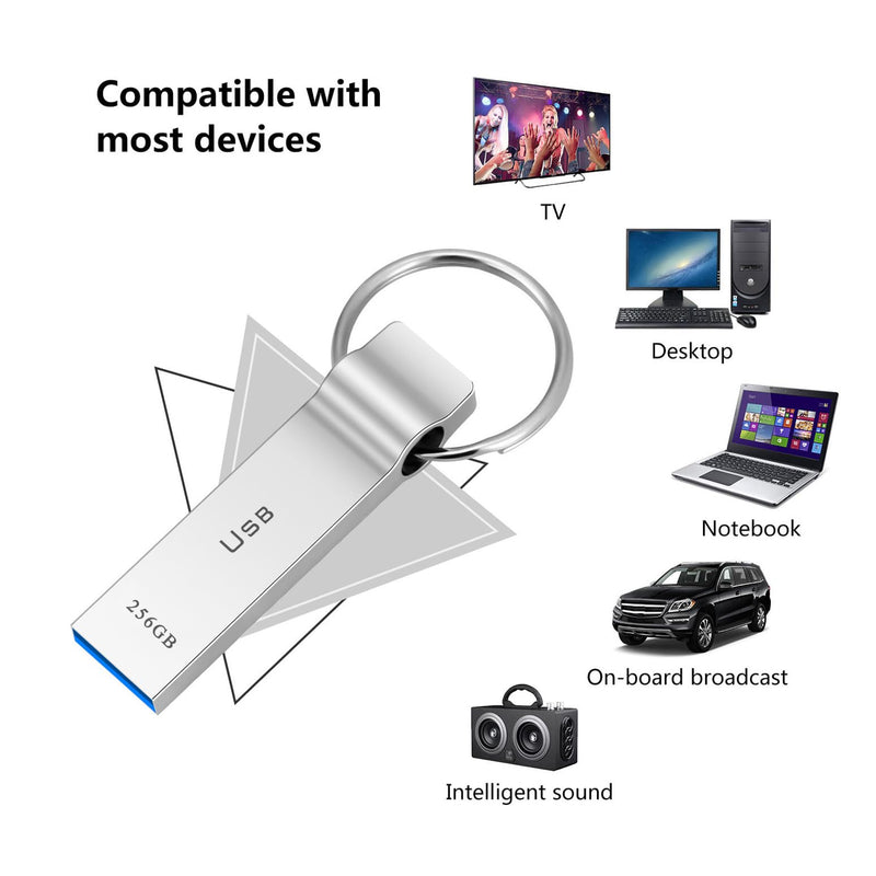 USB Flash Drive 256GB Waterproof USB Stick High Speed Memory Stick 256GB Ultra Large Storage Metal Thumb Drive with Keychain Design for Laptop Computer Tablet