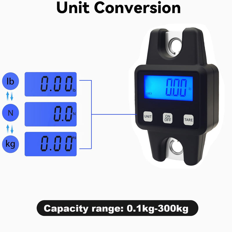 660lbs Digital Hanging Scale Type-C Rechargeable – High Precision Handheld Mini Crane Scale with S-Hook, Fishing Scale for Farm, Fishing, Hunting