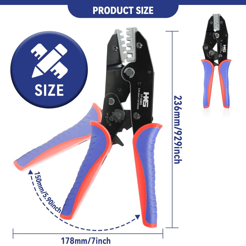 HKS Crimping Tool for Non-Insulated Open Barrel Terminals -for JST Molex TE Connectors - AWG 24-10 (0.25-6mm²) with Chrome-Moly Steel Wire Cutting Jaw - YF-04BS
