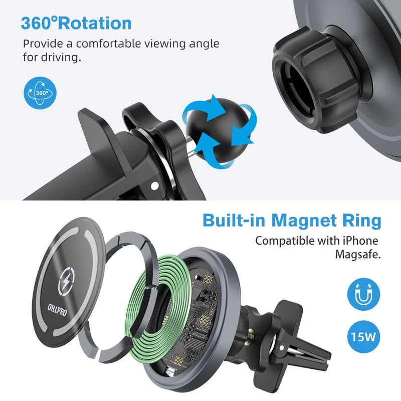 OHLPRO for MagSafe Car Mount Charger iPhone Wireless Car Charger, Stick on Dashboard Magnetic Phone Holder Mount for iPhone 17 Pro Max 16 15 14 Series, 15W Fast Charging, Aluminum Shell Black