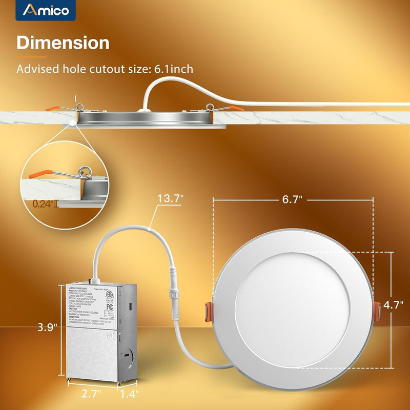 Amico 2 Pack 6 Inch 5CCT LED Recessed Ceiling Light with Night Light, 2700K/3000K/3500K/4000K/5000K Selectable Ultra-Thin Lighting, 12W=110W, 1100LM, Dimmable Canless Wafer Downlight ETL&FCC 6 Inch-White