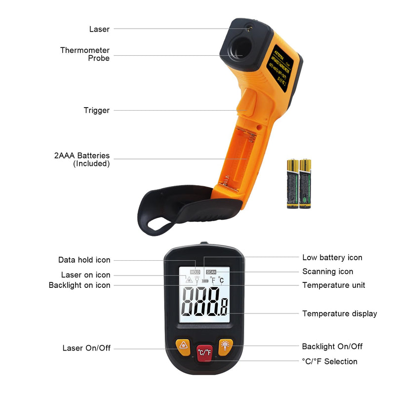 Ketotek Digital Infrared Thermometer Temperature Gun -58°F to 1112 °F(-50°C to 600°C) Handheld Non Contact IR Laser Thermometer KT600Y for Cooking Meat Refrigerator Pool Pizza Oven BBQ Food Orange