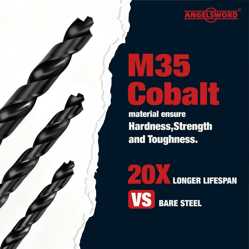 ANGELSWORD M35 Cobalt Drill Bit Set, 21 PCS 1/16"-1/2", TiAlN Coated Drill bit with Bullet Point Tip, for Hardened Metal, Stainless Steel, Cast Iron and Light-Gauge Metal 21 PCS SET