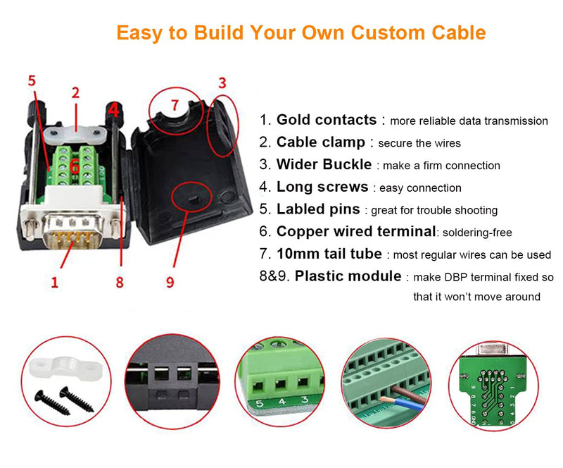 DTech DB9 Breakout Connector, Male RS232 Serial Adapter, Solderless Module Board with Screw Terminals, Case, Long Bolts, Tail Pipes DB9 male + long bolts