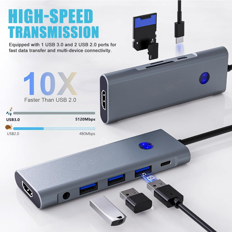 9-in-1 USB C Hub with 100W PD Charging, 4K HDMI, USB 3.0/2.0, SD/TF Card Reader, Audio Jack – Compact Adapter for MacBook, Windows, iPad, Linux & More