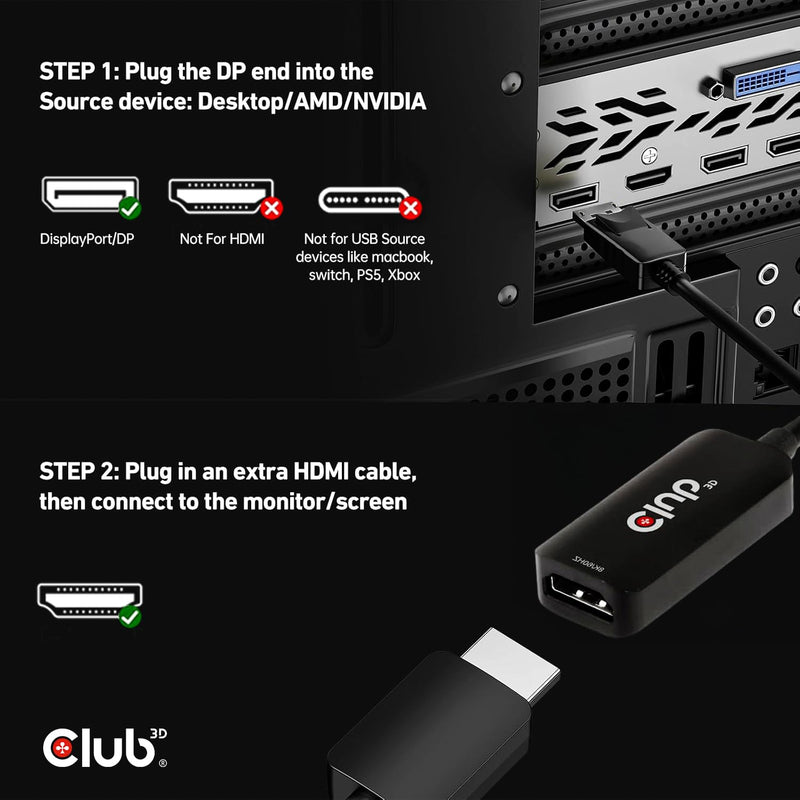 Club 3D DisplayPort to HDMI Cable 8K@60Hz 4K@120Hz Active Adapter - Gaming PC Laptop Console to Monitor TV - DP 1.4 to HDMI 2.1 HDR10+ Dolby Vision Converter CAC-1088