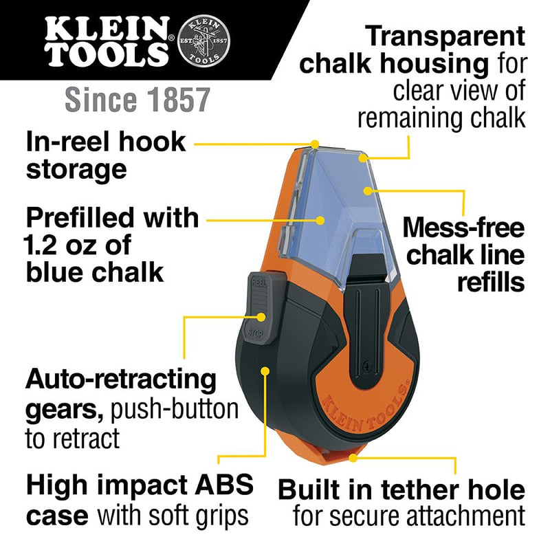 Klein Tools CHLK50B Chalk Line, 50-Foot Auto Retractable Reel with High Visibility Blue Chalk, Mess-Free Storage and Easy Tension Control Blue Auto Retracting