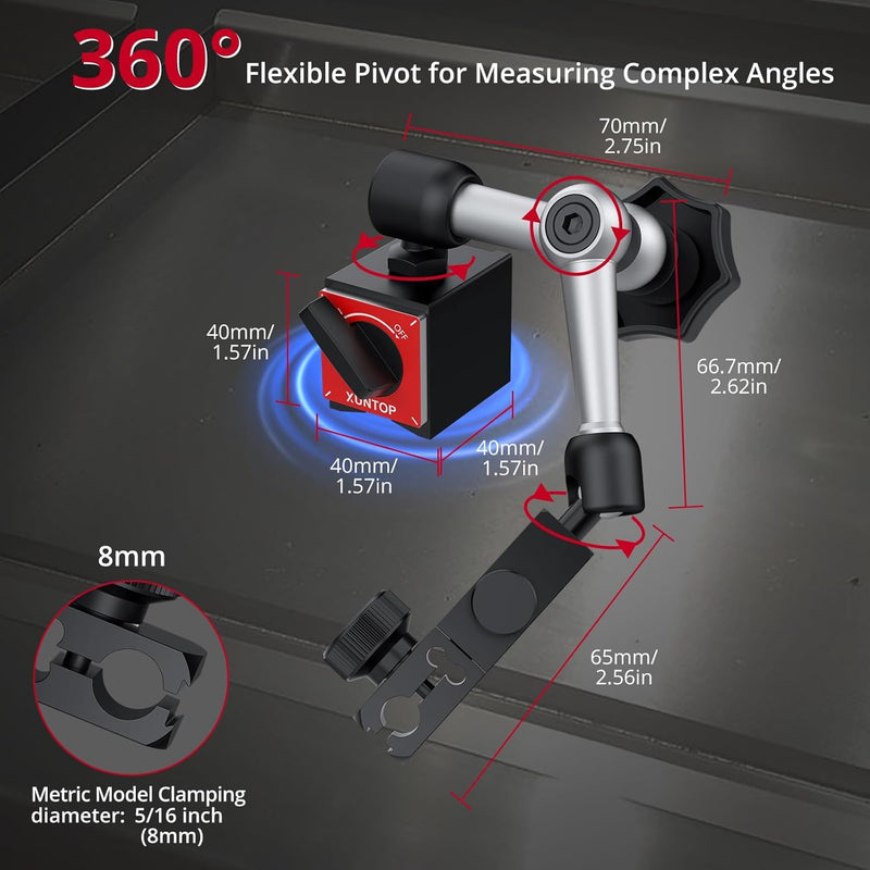 XUNTOP 0-1inch/0.0005inch Dial Digital Indicator and 90lbs (40kg) Magnetic Base Magnetic Electronic Indicator with 3 Adjustable Joints 5/16 inch (8mm) Clamping Diameter for Lathe CNC 3D Printer PRIME-90lbs/40kg Max Pull