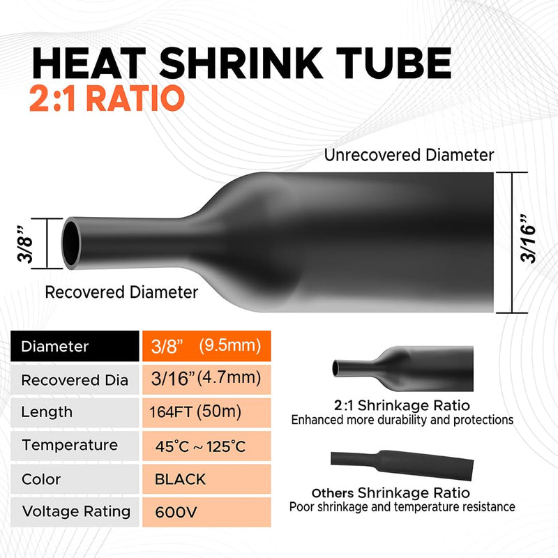 Heat Shrink Tubing 3/8" (9.5mm), 2:1 Ratio Shrink Tube Industrial,Single Wall Wire Shrink Wrap Tubing, 164 Feet Roll 3/8" (9.5mm) 164 Feet 2:1 Black 1
