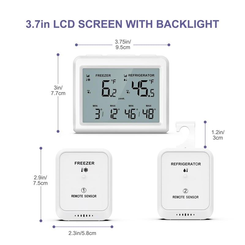 Digital Refrigerator Thermometer - 3.7 inch LCD Backlight Freezer Thermometer with 2 Sensors, Digital Fridge and Freezer Thermometer with Alarm, Max/Min Records, for Homes Restaurants Cellars Regular Screen