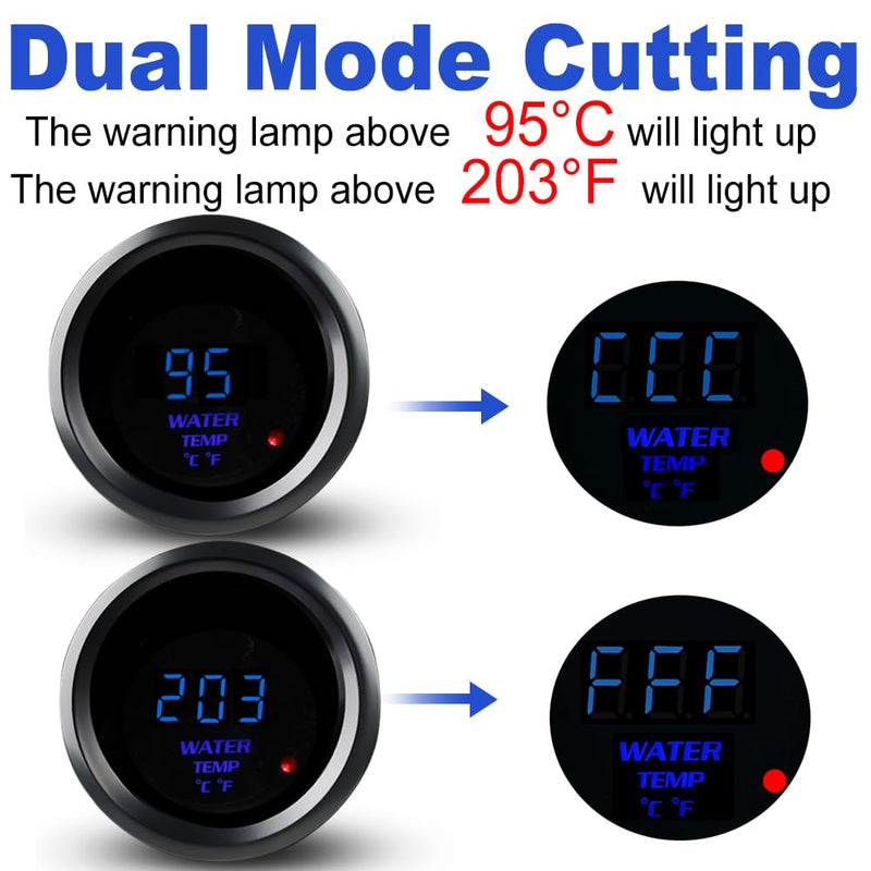 WATERWICH 2" 52mm Water Temperature Gauge Kit Fahrenheit & Celsius Blue for Car Truck Marine Vehicle Automotive