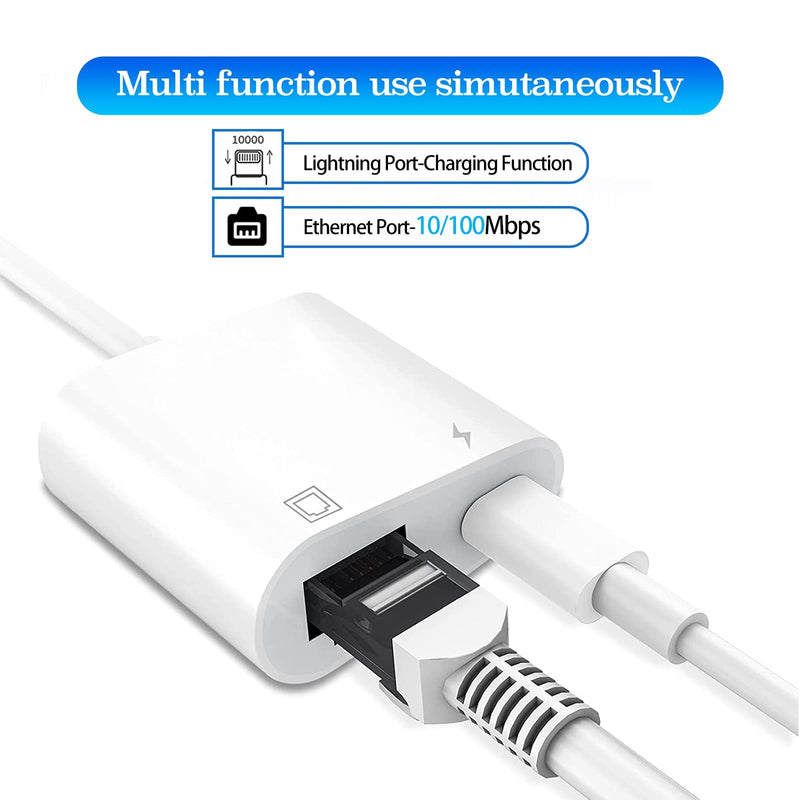 Lightning to Ethernet Adapter with Charging for iPhone/iPad [Apple MFi Certified] 2 in 1 RJ45 Ethernet High Speed iPhone LAN Network Adapter Support 100 Mbps Ethernet Network Lightning to Ethernet Adapter