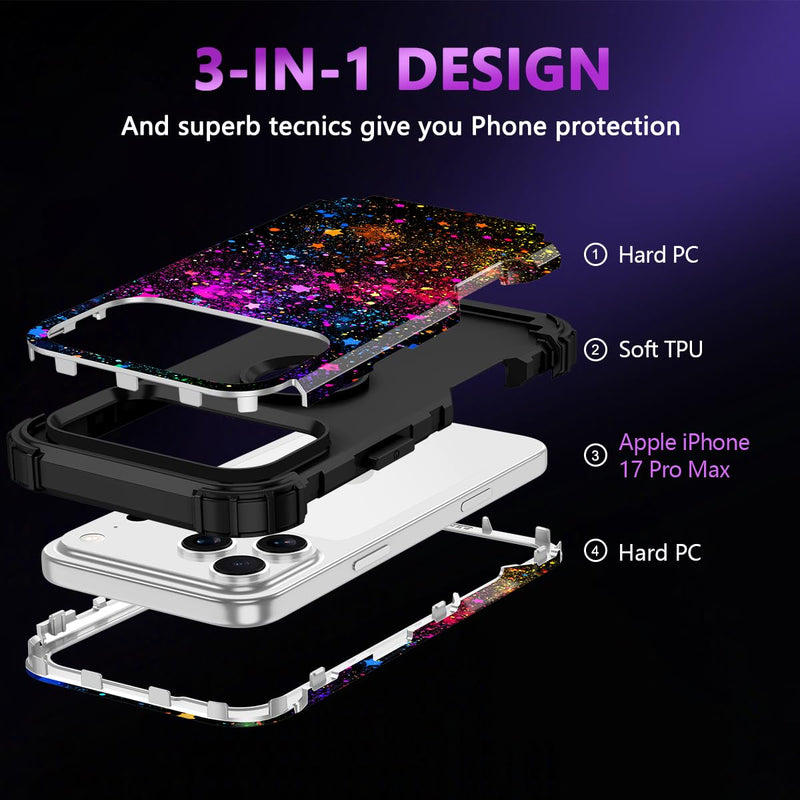 Casetego for iPhone 17 Pro Max Case,Glow in The Dark Three Layer Heavy Duty Sturdy Shockproof Full Protection Rugged Hard PC+Soft TPU Bumper Case for iPhone 17 Pro Max 6.9 inch,All Colorful Sky All Black Colorful Sky