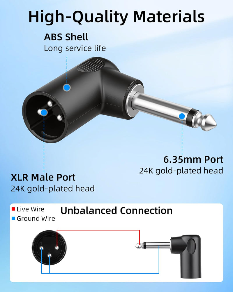 90 Degree 1/4" TS to XLR Male Adapter,6.35mm Right Angle 1/4 inch TS Mono Plug to XLR 3 Pin Male Connector,Audio Adapter for Microphones,Guitars,Basses,Amplifiers,Mixers,Speakers(4Pack) 6.35mm to xlr male