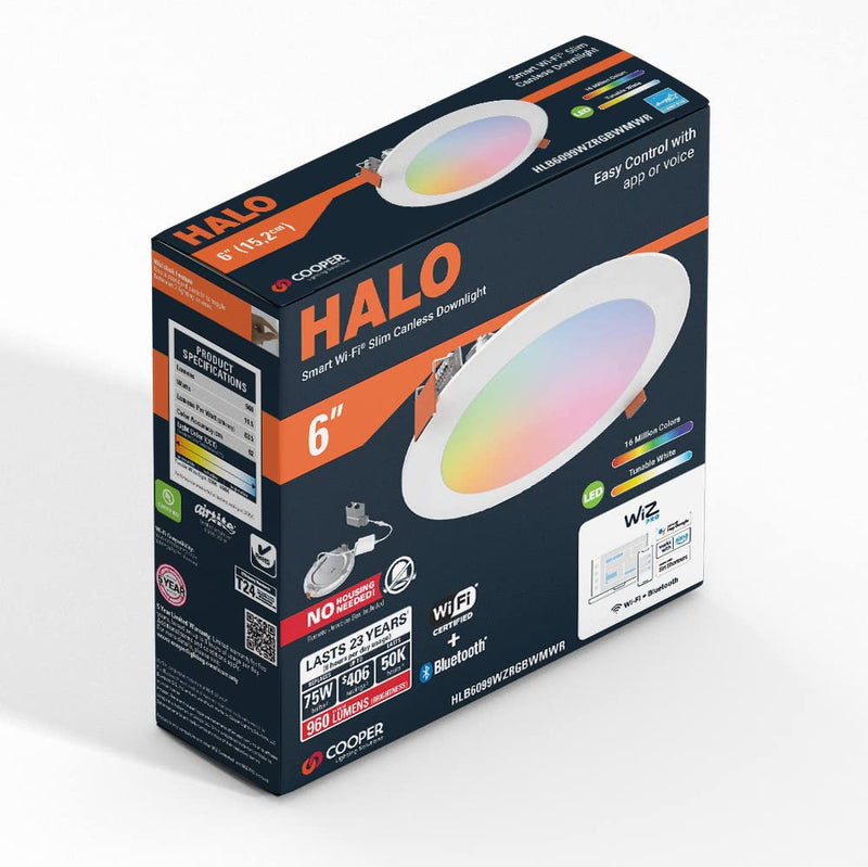 HLB6099WZRGBWMWR: HALO 6” Smart Wi-Fi Slim Canless LED Downlight Powered by WiZ Pro, Dimmable Full Color with Smart Home Integration 6 inch No Housing Required: Canless LIGHT