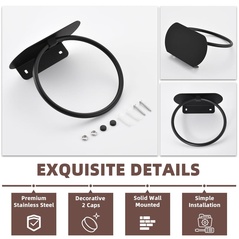 APLusee Matte Black Bath Towel Ring with Shelf, Stainless Steel Towel Holder, Wall Mount