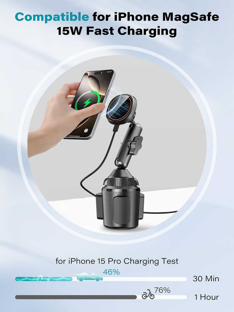 EXELIQ for Qi2 15W Magsafe Car Mount Charger, Magnetic Car Cup Phone Holder | Heat Dissipation Fan, Wireless Fast Charging, Tri-Pivot Cup Holder Phone Mount for iPhone 17 16 15 14 13 12 [PD 30W Adapter]