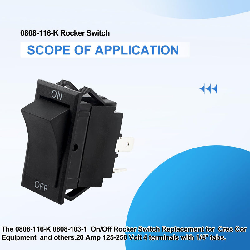 0808-116-K Rocker Switch Replacement for CRES Cor Equipment 0808-103-1 | 0808-116K, 20 Amp 125-250 Volt Switch, 7/8 X 1-1/2 DPST; Replaces 0808-113-K1, 0808-113-K, LLC Rocker Switches 77020RQ