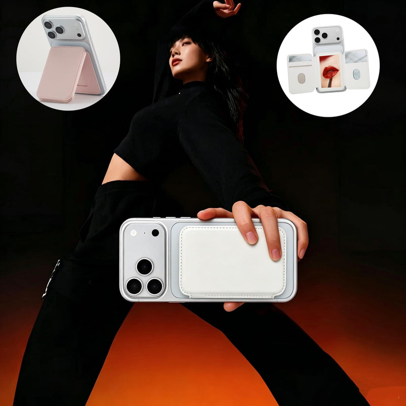 Compatible with MagSafe Wallet for iPhone 12–17 Series, 3-Fold Magnetic Card Holder with Makeup Mirror & Kickstand, RFID Blocking Slim PU Leather Phone Wallet Sleeve for Magnetic Case (Cloud White) Cloud White