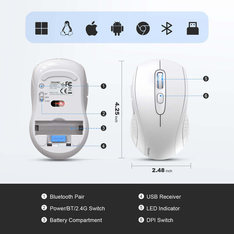 TECKNET Bluetooth Mouse, 2-in-1(Bluetooth 5.0/3.0+2.4Ghz) Wireless Mouse for Laptop Computer, Portable Ergonomic Wireless Mouse Bluetooth with Receiver, (White) White