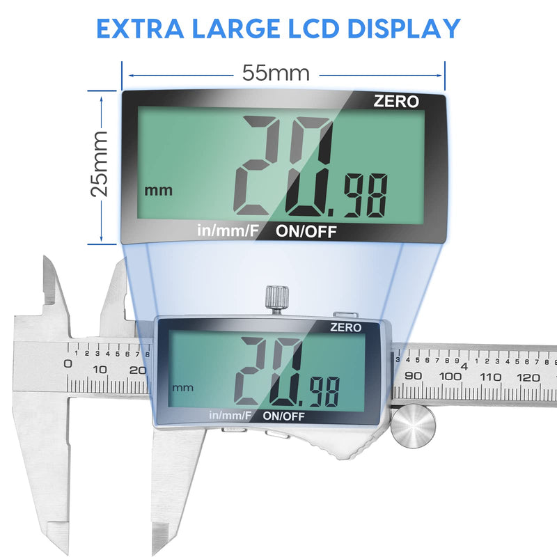 Digital Caliper, 6 Inch Caliper Tool with Extra Large LCD Screen, Auto-Off Feature, Easy Switch from Inch Metric Fraction, Stainless Steel Vernier Caliper Measuring Tool for DIY/Household Stainless Steel-Large LCD