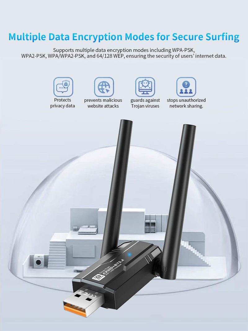 USB Wireless Network Adapter for PC/Laptop, AX900Mbps USB WiFi 6 Adapter Supports 2 x 5dBi Antenna Supports Bluetooth 5.4 Dual Band 2.4/5GHz, 802.11ax, WPA3, Supports Windows 11/10/8.1/8/7