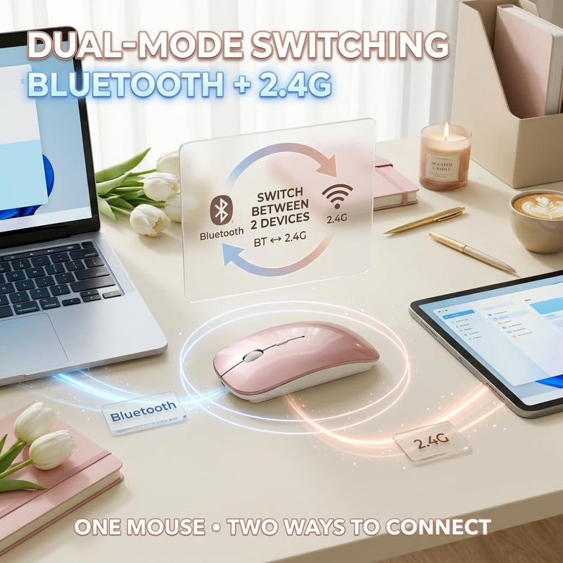 Wireless Bluetooth Mouse for Mac Air MacBook Pro Laptop PC Pad Optical Rechargeable Silent Mouse with Jiggler Mode Dual Mode Switch Bluetooth 5.2/3.0 and 2.4G USB-A & USB-C Receiver Rose Gold RoseGold Portable