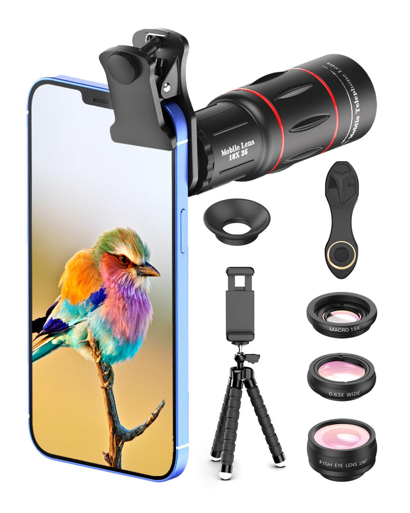 APEXEL 4 in 1 Phone Photography Kit, Lens Set with Flexible Phone Tripod, 18X Telephoto Lens, Fisheye, Macro & Wide Angle Lens for iPhone 13/12/11//XS Max/XR/XS/X Samsung One Plus