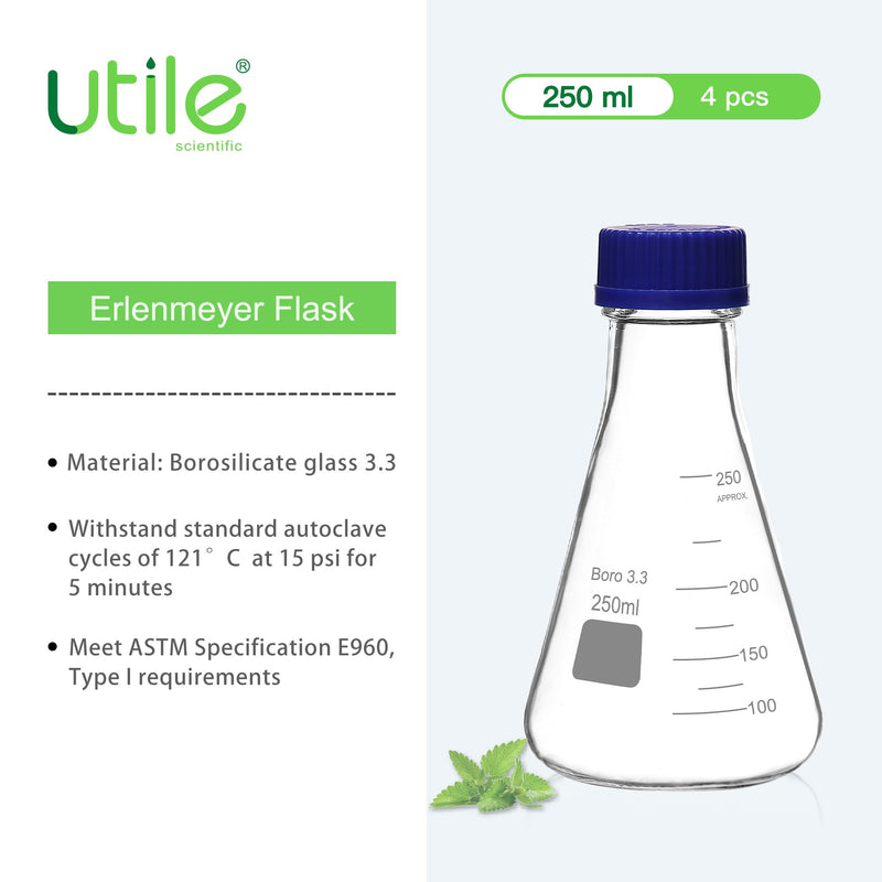 Utile 4 Pcs 250ml Glass Erlenmeyer Flask with Blue Cap, Narrow Mouth Erlenmeyer Flasks, Borosilicate 3.3 Glass Conical Flask for Lab Experiment Chemistry Science,4016.0752.4 4 Pcs of 250ml